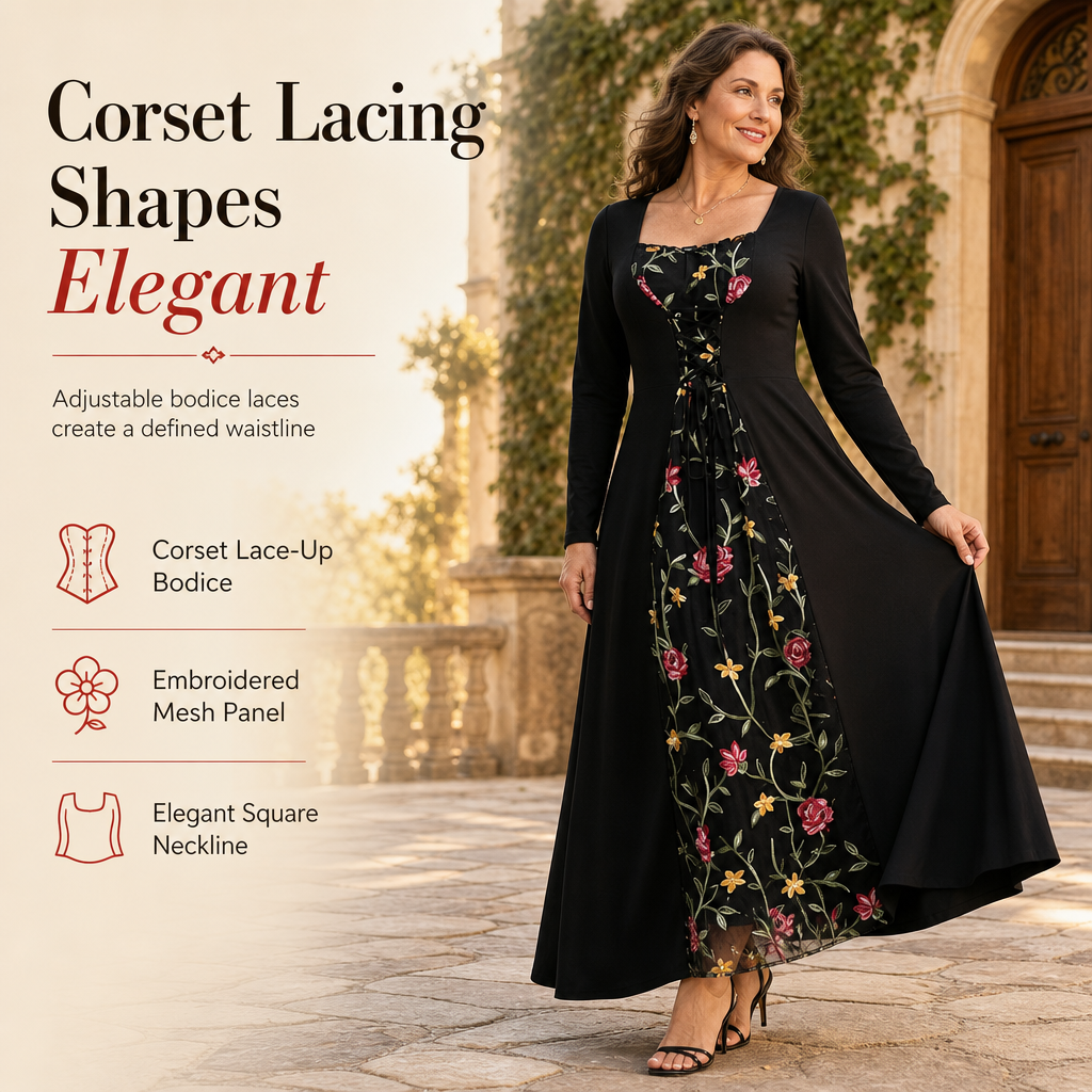 Black Long Sleeve Square Neck Lace Up Corset Maxi Dress with Floral Embroidered Mesh Panel