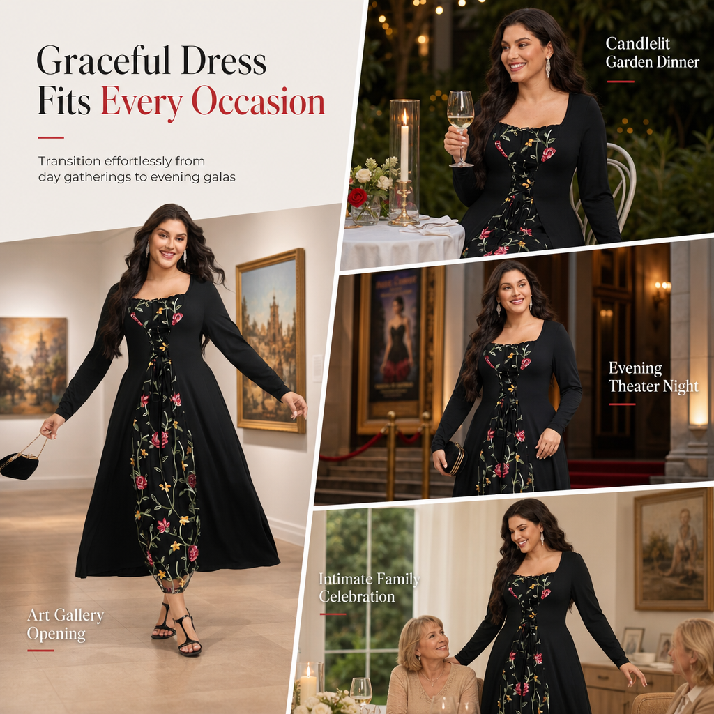 Black Long Sleeve Square Neck Lace Up Corset Maxi Dress with Floral Embroidered Mesh Panel
