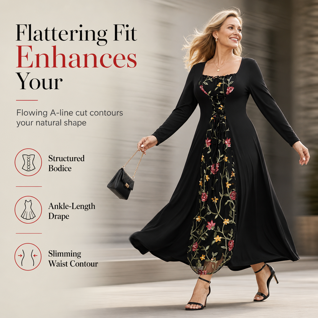 Black Long Sleeve Square Neck Lace Up Corset Maxi Dress with Floral Embroidered Mesh Panel