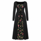Black Long Sleeve Square Neck Lace Up Corset Maxi Dress with Floral Embroidered Mesh Panel