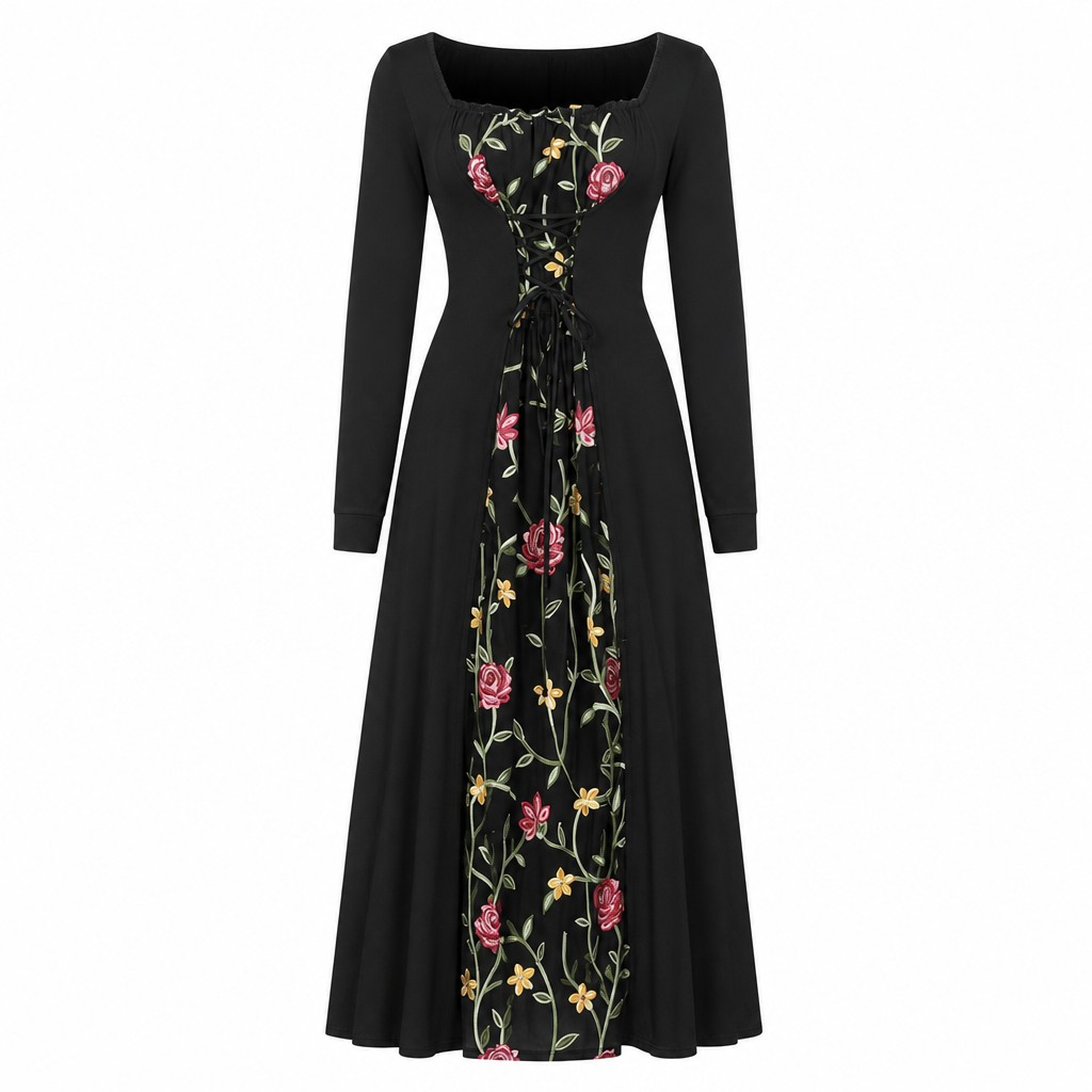 Black Long Sleeve Square Neck Lace Up Corset Maxi Dress with Floral Embroidered Mesh Panel