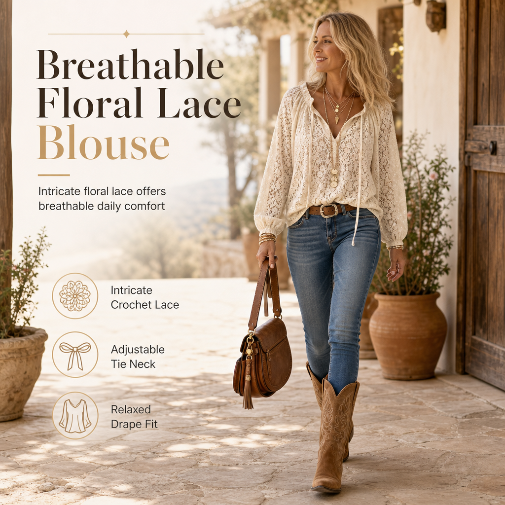 ⌛Limited-Time Offer-Women's Elegant Loose Fit Long Sleeve Lace Pullover Blouse