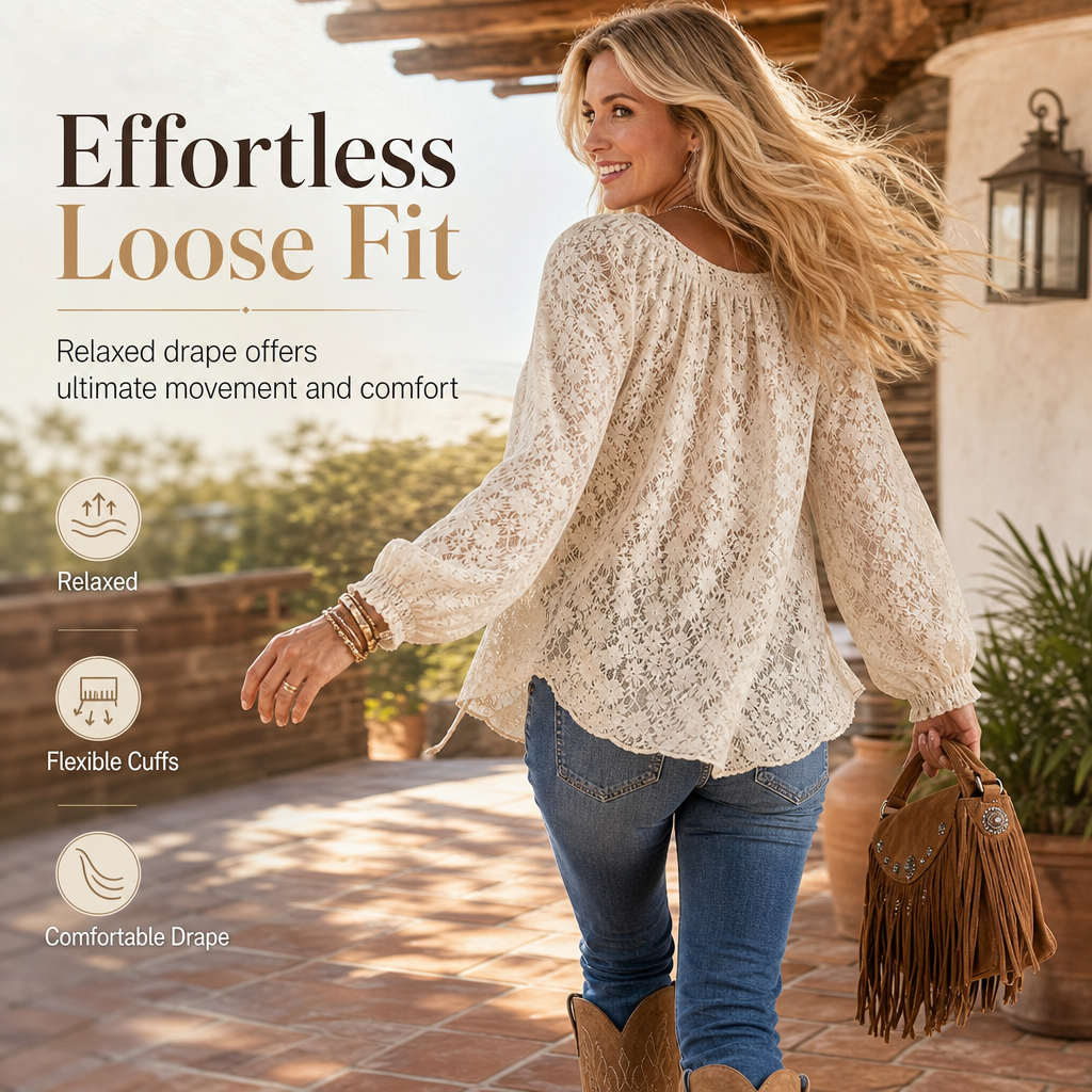 ⌛Limited-Time Offer-Women's Elegant Loose Fit Long Sleeve Lace Pullover Blouse
