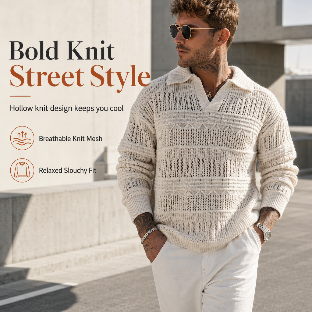 Men's Lapel Collar Hollow Out Knitted Sweater