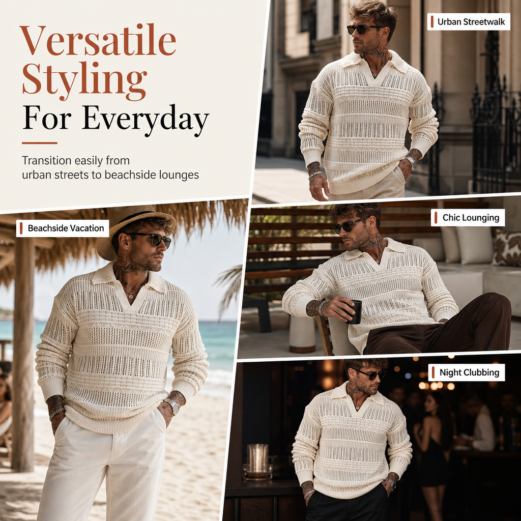 Men's Lapel Collar Hollow Out Knitted Sweater