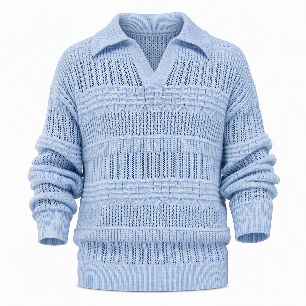 Men's Lapel Collar Hollow Out Knitted Sweater