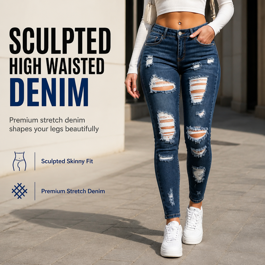 Women's High Waisted Ripped Skinny Jeans Distressed Stretch Denim Pants