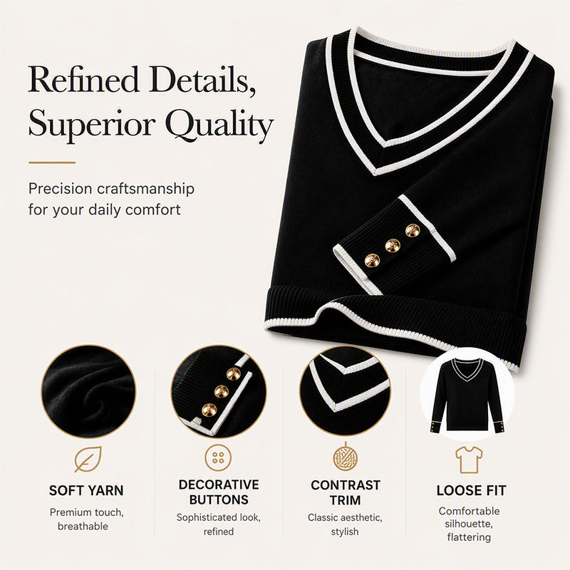 Women's Elegant Contrast V-Neck Knit Top