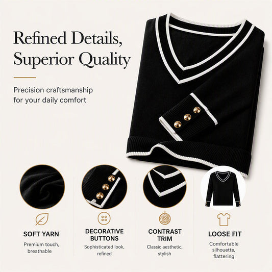 ✨ Polished Knit Style | Women's Contrast-Trim V-Neck Knit Top