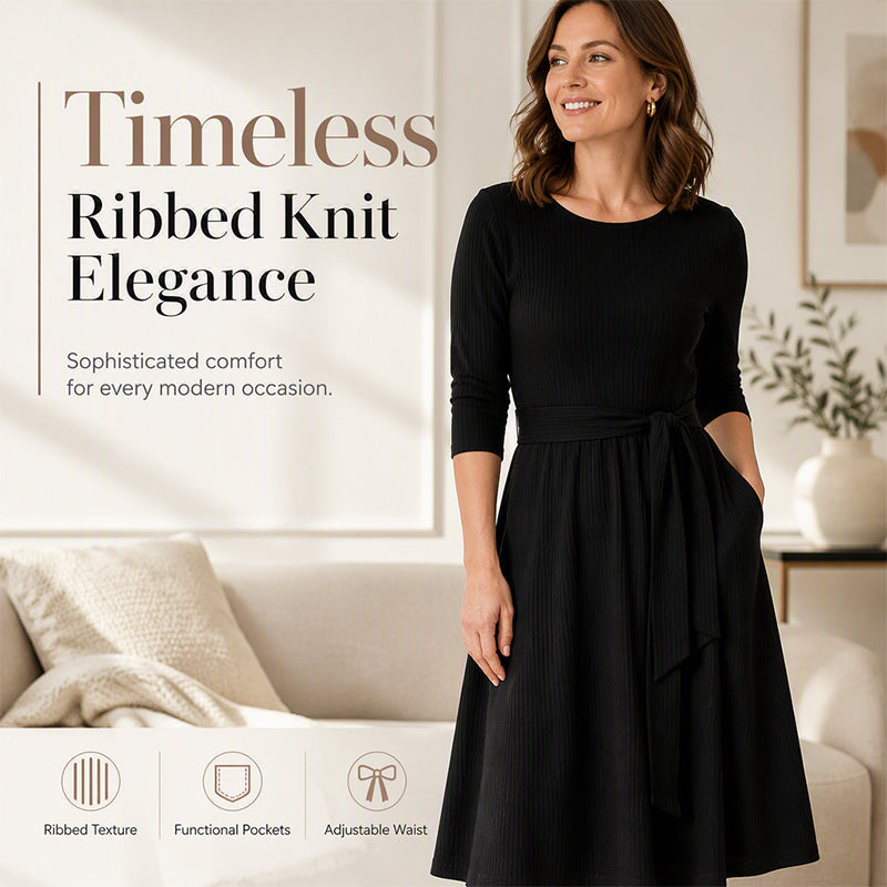 Women's Crew Neck Ribbed Knit A-Line Midi Dress with 3/4 Sleeves and Pockets