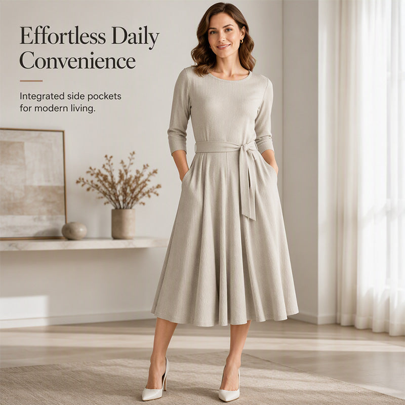Women's Crew Neck Ribbed Knit A-Line Midi Dress with 3/4 Sleeves and Pockets