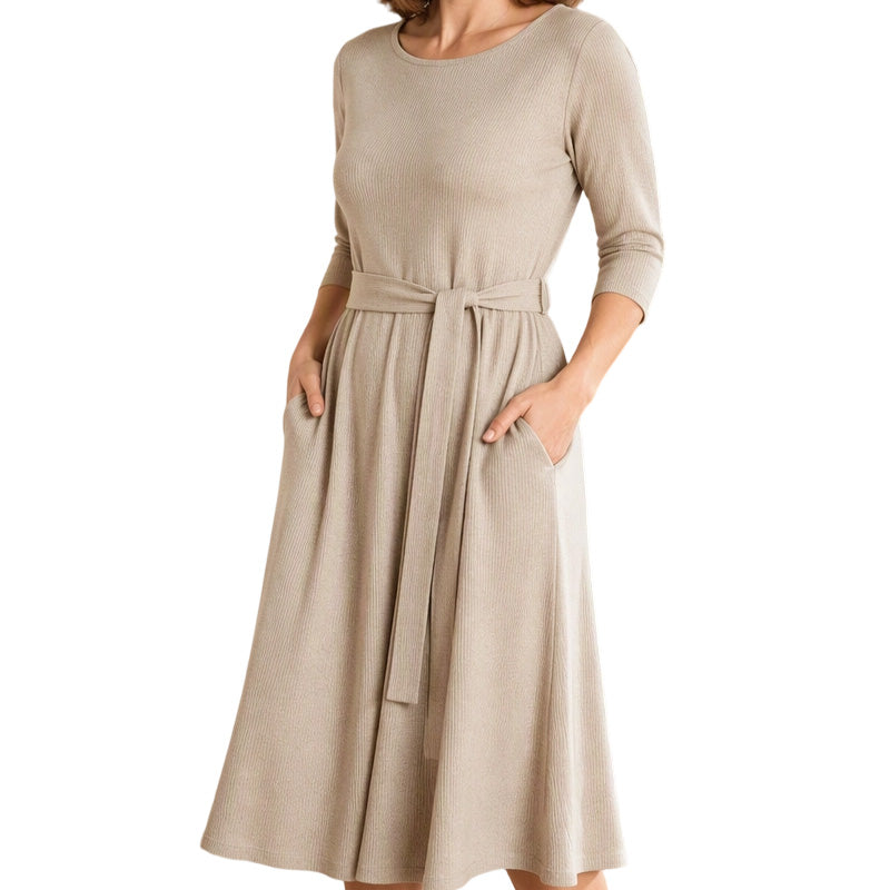 Women's Crew Neck Ribbed Knit A-Line Midi Dress with 3/4 Sleeves and Pockets