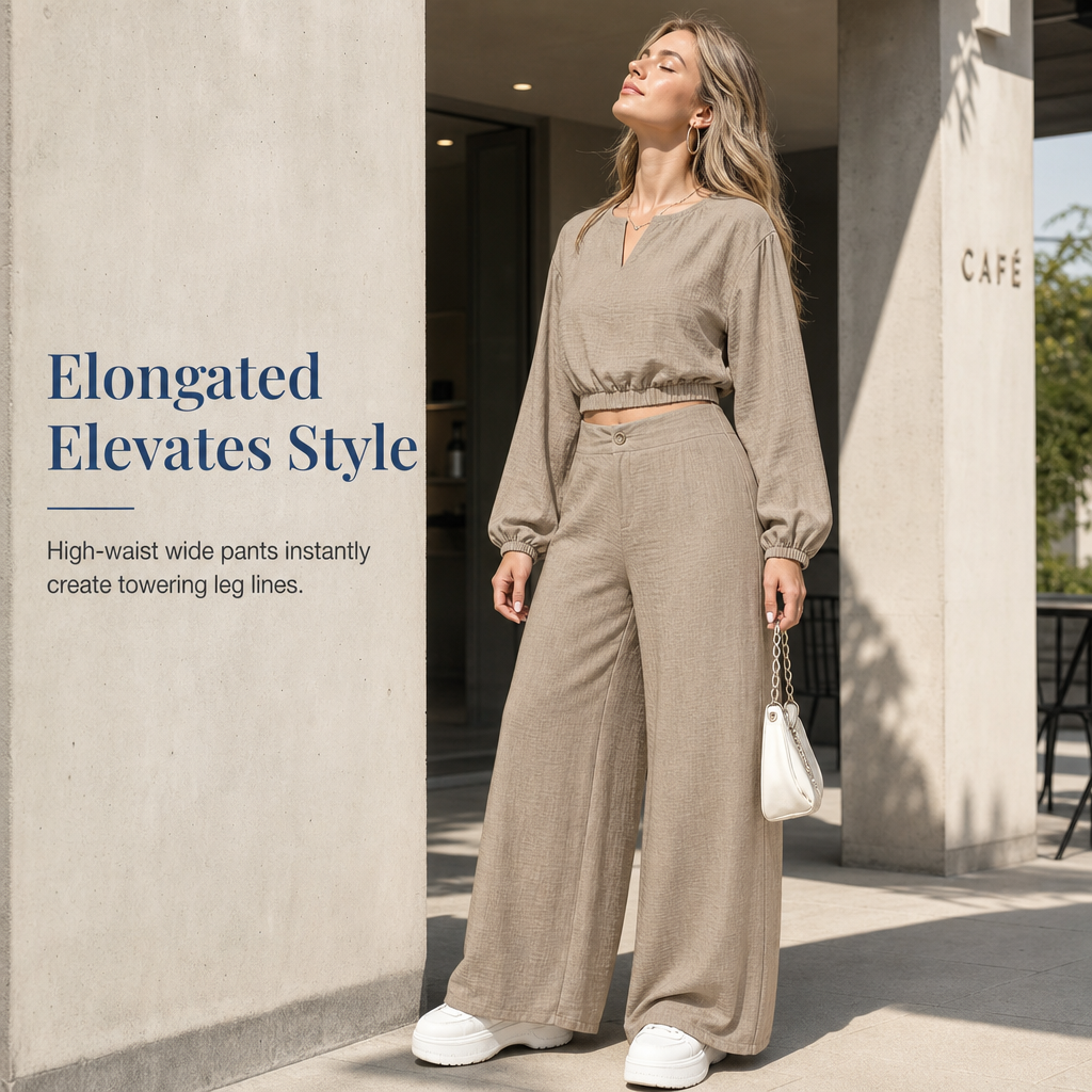 Women's Casual  V-Neck Lantern Sleeve Crop Top & High Waist Wide Leg Pants Set
