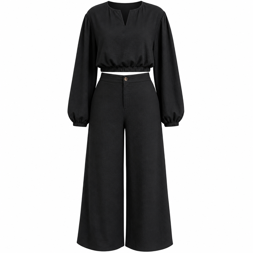 Women's Casual  V-Neck Lantern Sleeve Crop Top & High Waist Wide Leg Pants Set