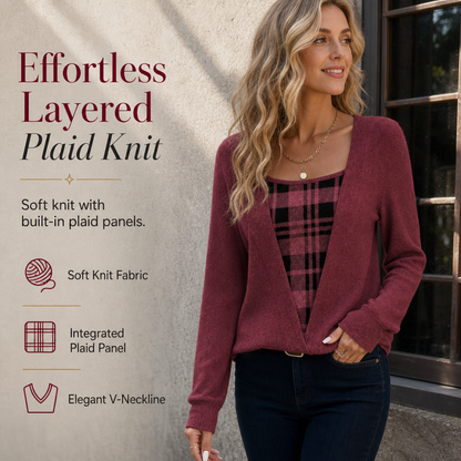 ✨ Layered Look Without the Bulk | Women's Plaid Mock-Layer Knit Top