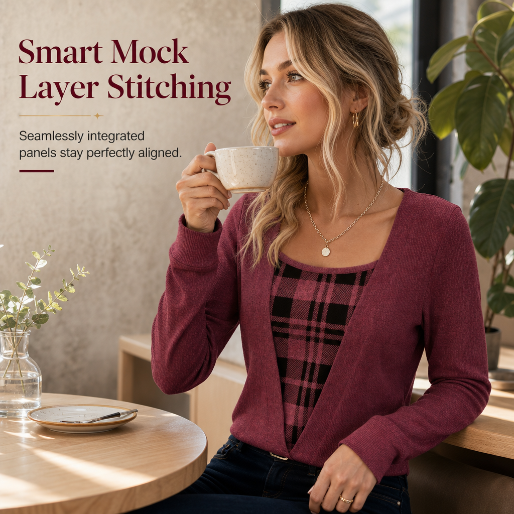 ✨ Layered Look Without the Bulk | Women's Plaid Mock-Layer Knit Top