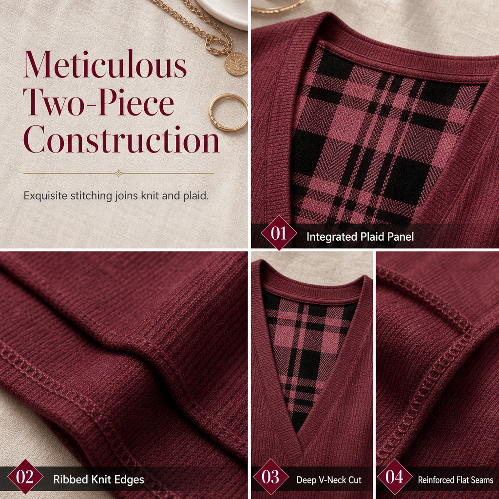✨ Layered Look Without the Bulk | Women's Plaid Mock-Layer Knit Top