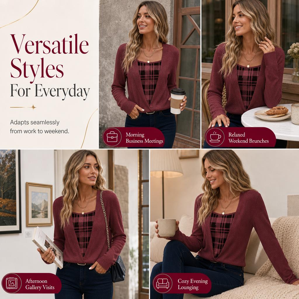 ✨ Layered Look Without the Bulk | Women's Plaid Mock-Layer Knit Top