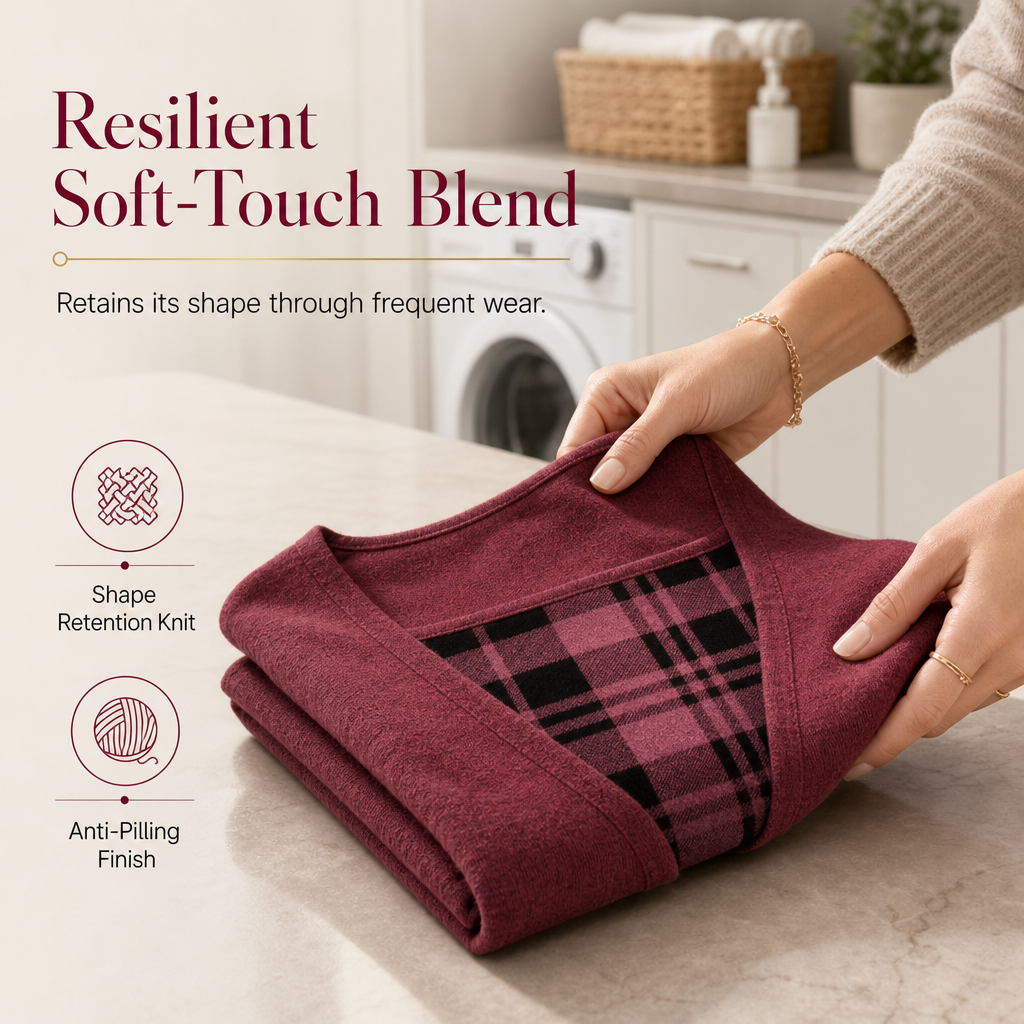 ✨ Layered Look Without the Bulk | Women's Plaid Mock-Layer Knit Top