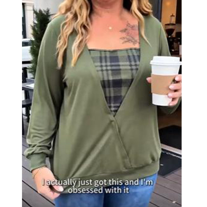 ✨ Layered Look Without the Bulk | Women's Plaid Mock-Layer Knit Top