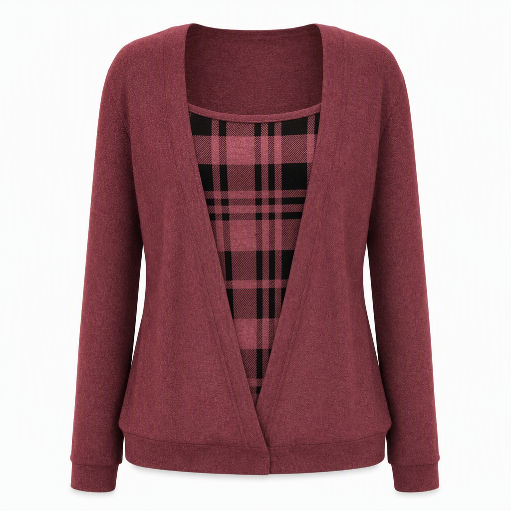 ✨ Layered Look Without the Bulk | Women's Plaid Mock-Layer Knit Top