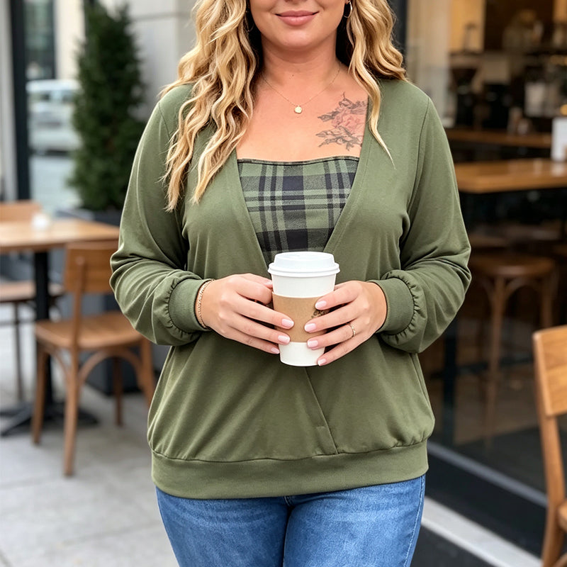 ✨ Layered Look Without the Bulk | Women's Plaid Mock-Layer Knit Top