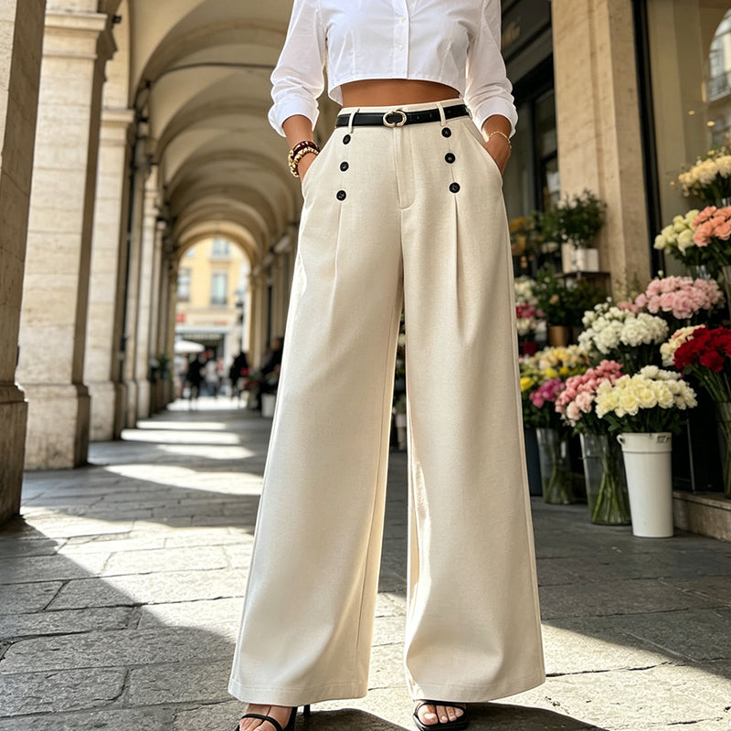 ✨ Polished Comfort | Women's High-Waisted Pleated Wide-Leg Pants with Decorative Side Buttons