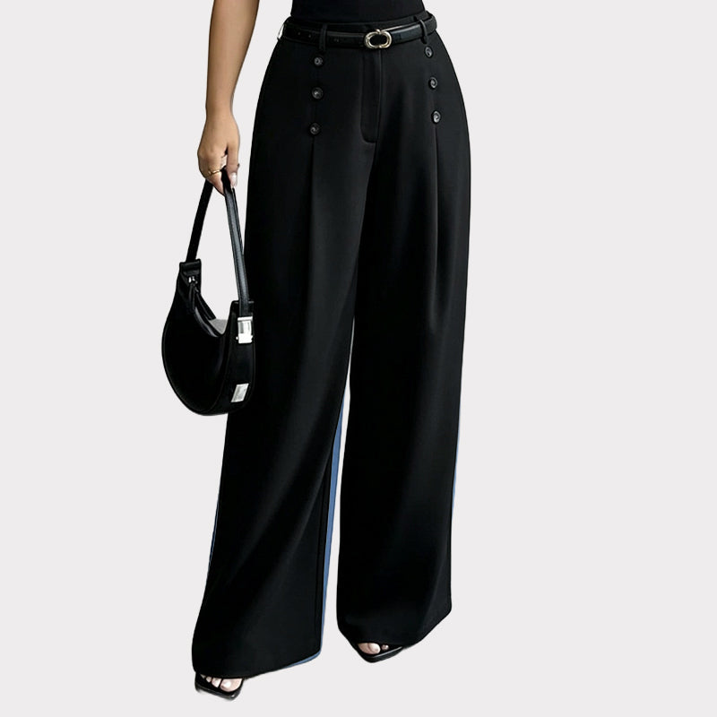 ✨ Polished Comfort | Women's High-Waisted Pleated Wide-Leg Pants with Decorative Side Buttons