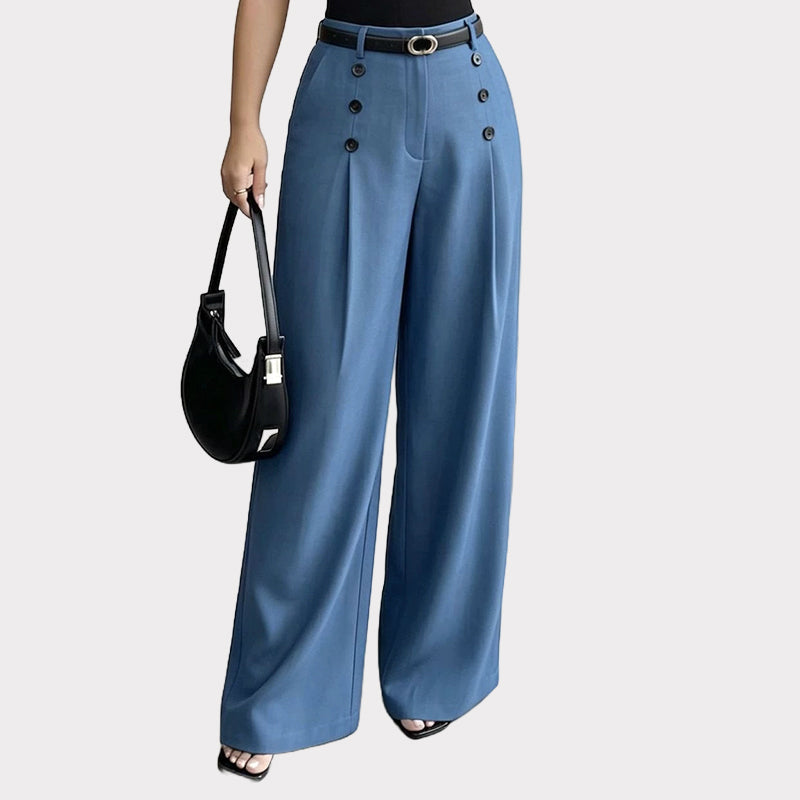 ✨ Polished Comfort | Women's High-Waisted Pleated Wide-Leg Pants with Decorative Side Buttons