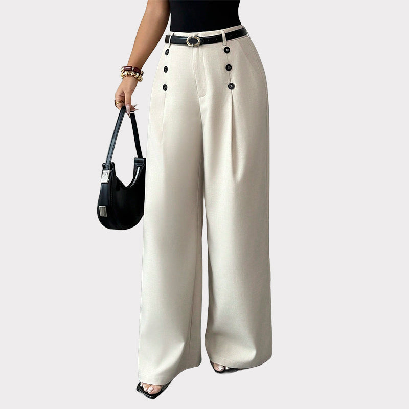 ✨ Polished Comfort | Women's High-Waisted Pleated Wide-Leg Pants with Decorative Side Buttons