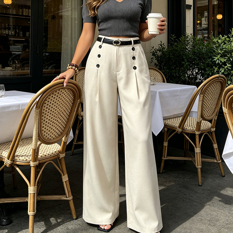 ✨ Polished Comfort | Women's High-Waisted Pleated Wide-Leg Pants with Decorative Side Buttons