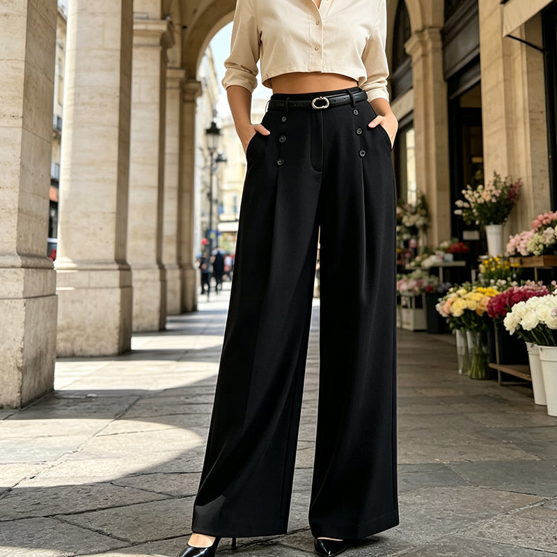 ✨ Polished Comfort | Women's High-Waisted Pleated Wide-Leg Pants with Decorative Side Buttons