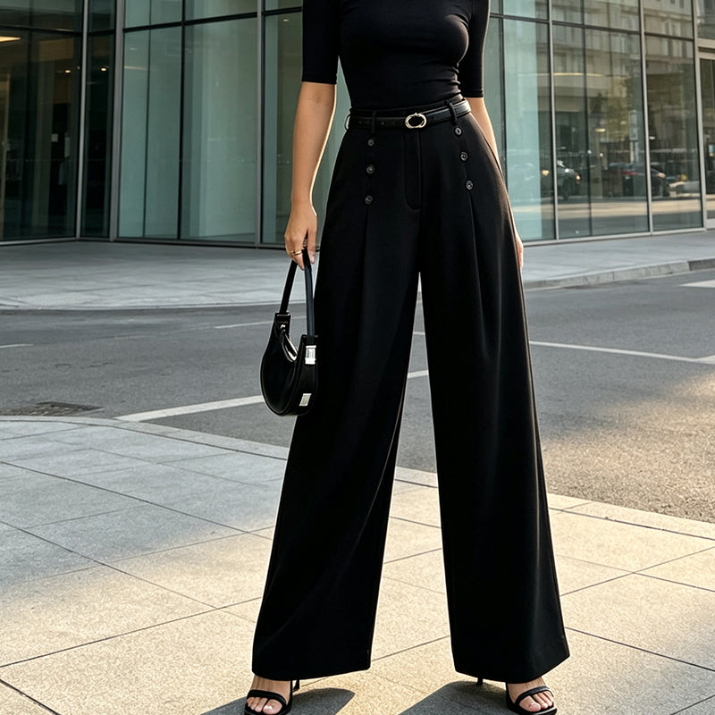 ✨ Polished Comfort | Women's High-Waisted Pleated Wide-Leg Pants with Decorative Side Buttons