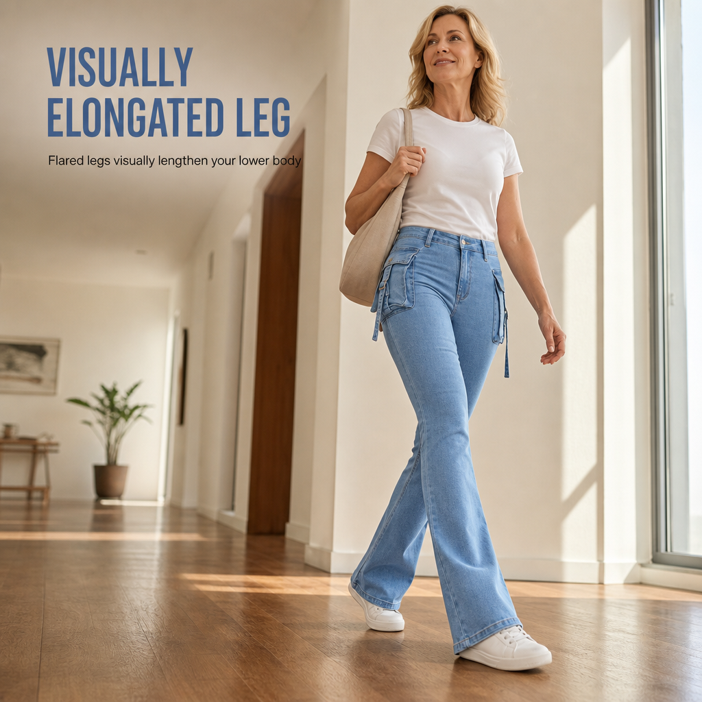 👖 Retro Utility Denim | Women's High-Stretch Cargo Flare Jeans with Flap Pockets