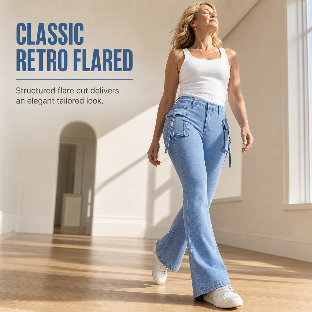 👖 Retro Utility Denim | Women's High-Stretch Cargo Flare Jeans with Flap Pockets