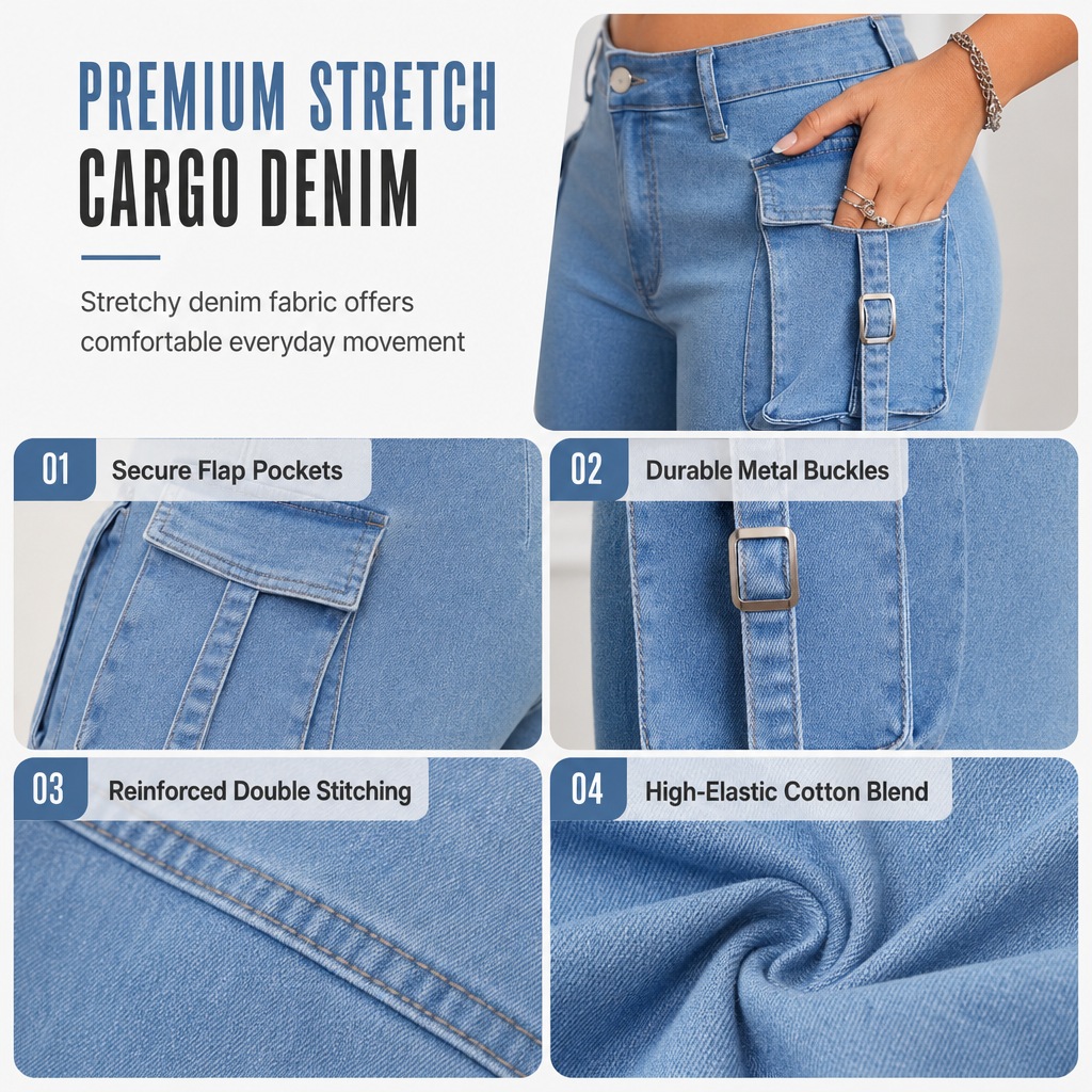 👖 Retro Utility Denim | Women's High-Stretch Cargo Flare Jeans with Flap Pockets