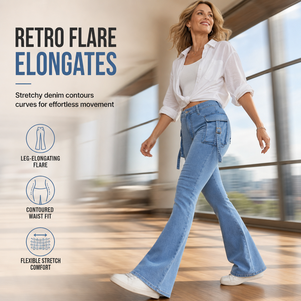 👖 Retro Utility Denim | Women's High-Stretch Cargo Flare Jeans with Flap Pockets