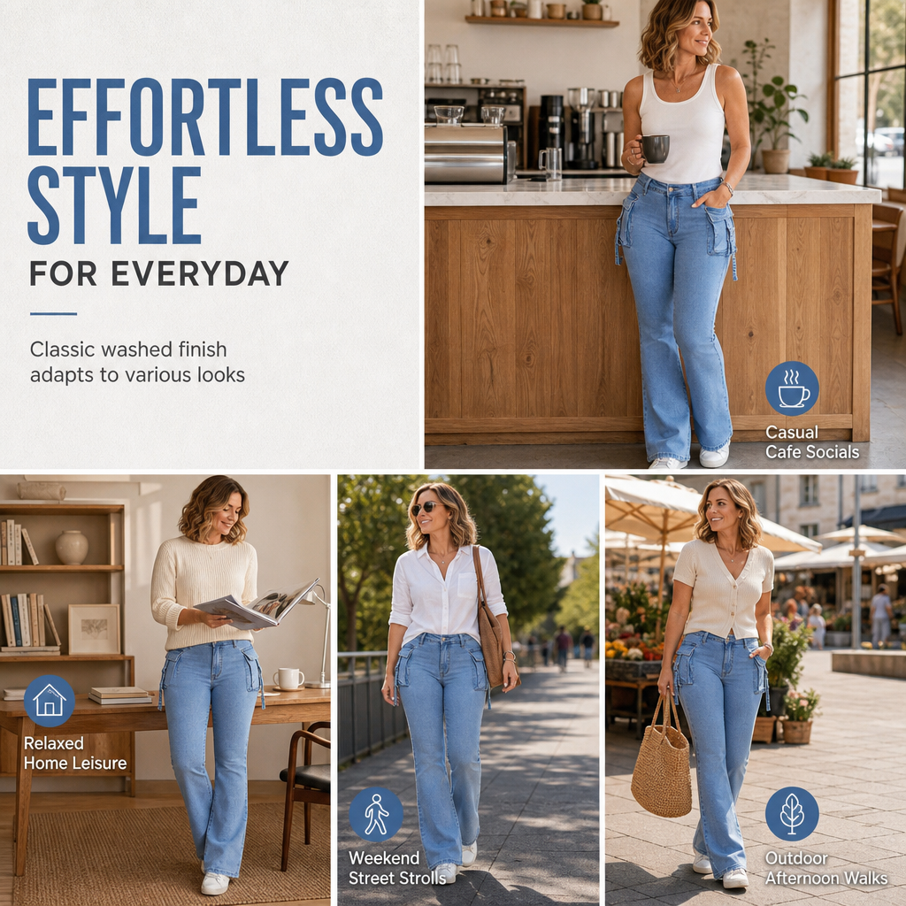 👖 Retro Utility Denim | Women's High-Stretch Cargo Flare Jeans with Flap Pockets
