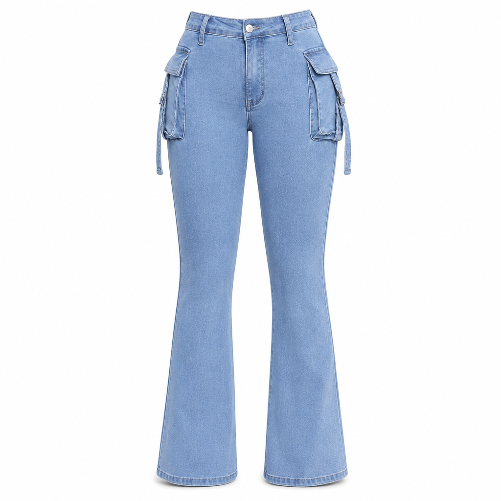 👖 Retro Utility Denim | Women's High-Stretch Cargo Flare Jeans with Flap Pockets