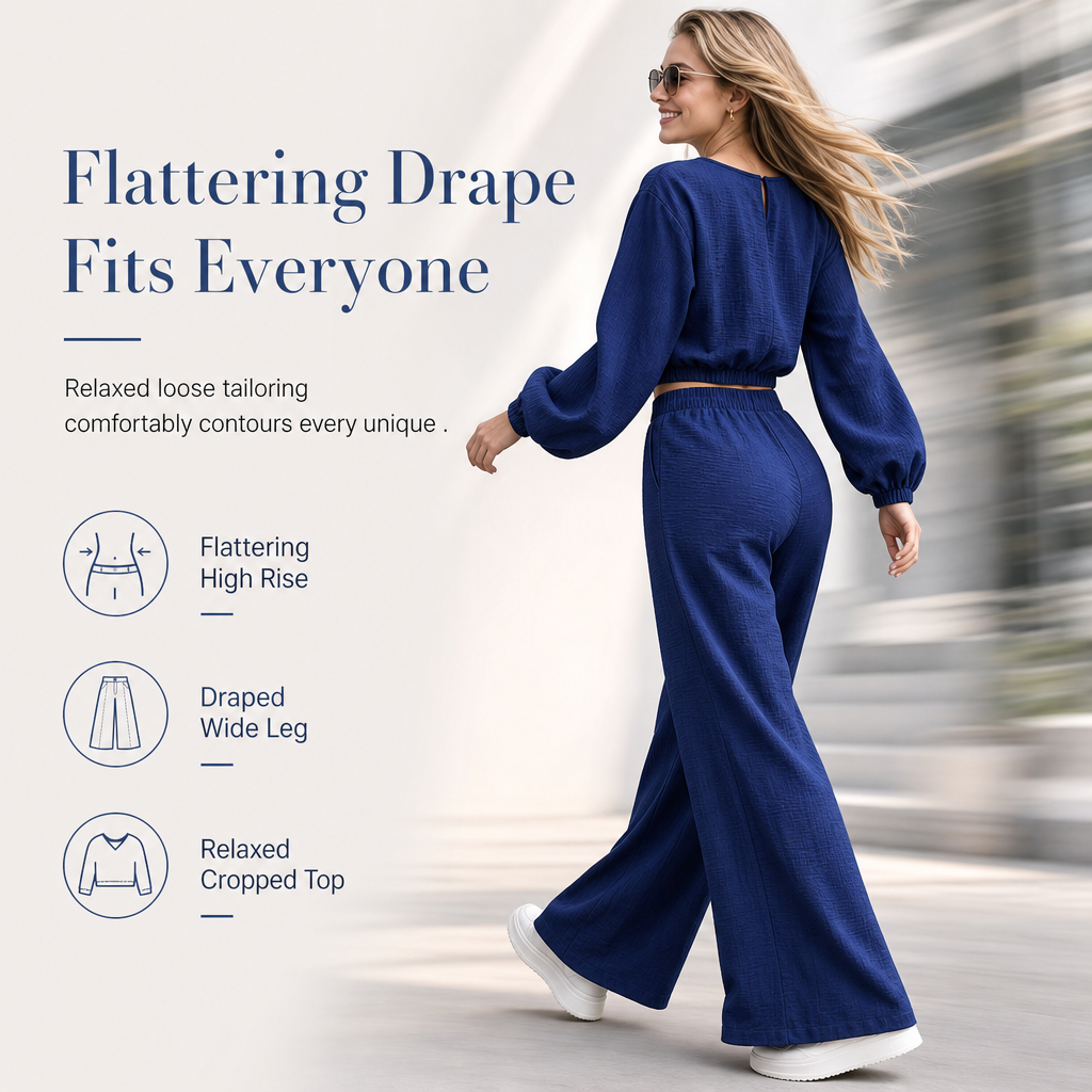 ✨ Breezy 2-Piece Style | Women's V-Neck Crop Top & High-Waisted Wide-Leg Pants Set