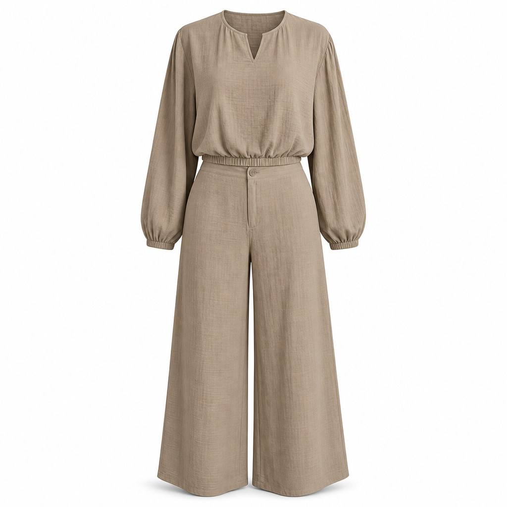 ✨ Breezy 2-Piece Style | Women's V-Neck Crop Top & High-Waisted Wide-Leg Pants Set