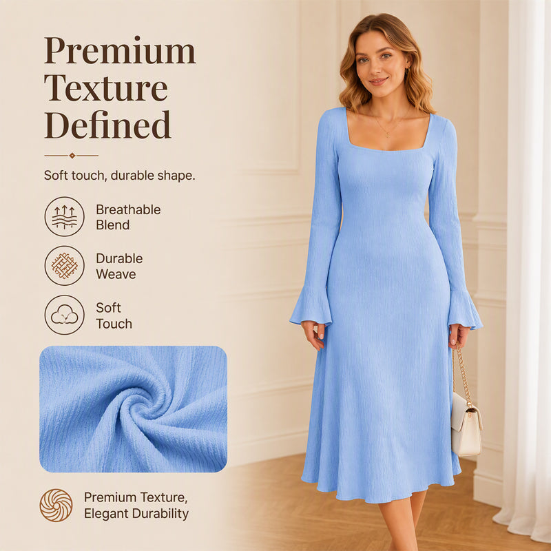 ✨ Feminine Statement Style | Women's Square-Neck Flare-Sleeve Midi Dress