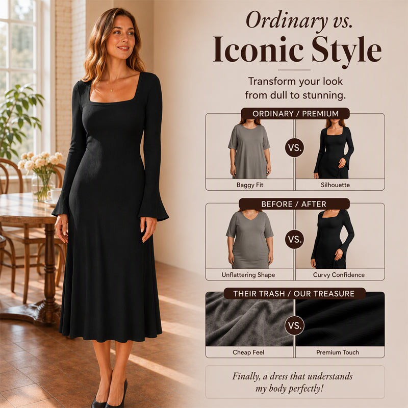 ✨ Feminine Statement Style | Women's Square-Neck Flare-Sleeve Midi Dress