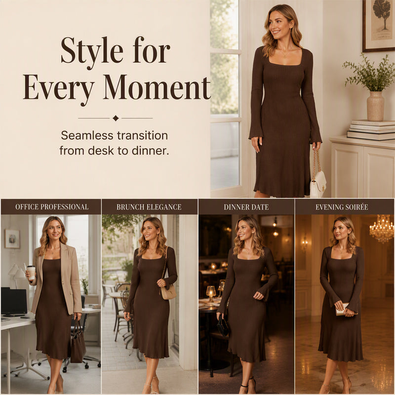 ✨ Feminine Statement Style | Women's Square-Neck Flare-Sleeve Midi Dress