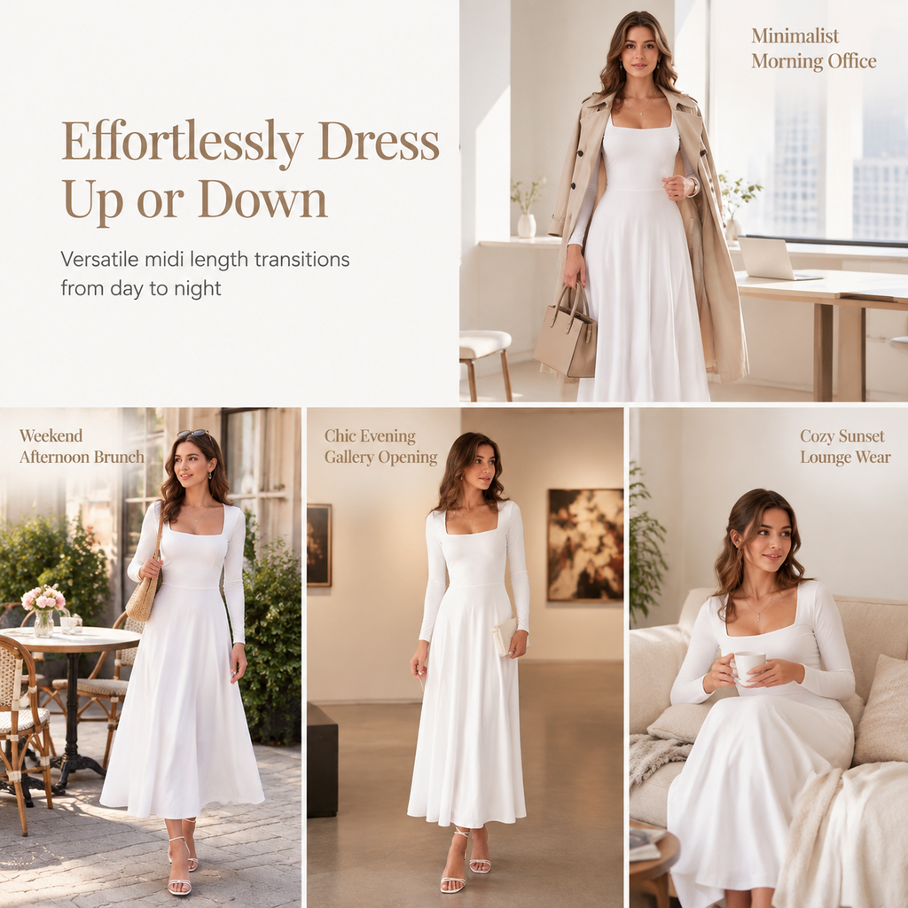 Women's Long Sleeve Square Neck A-Line Dress