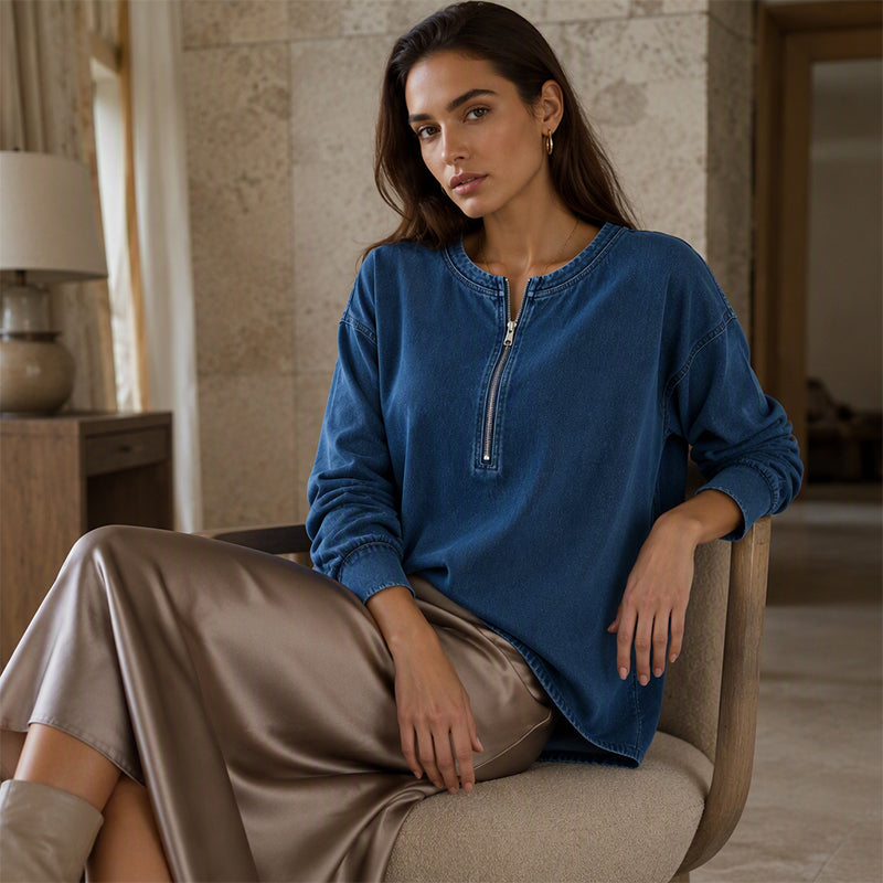 Women's Long Sleeve Half-Zip Denim Pullover