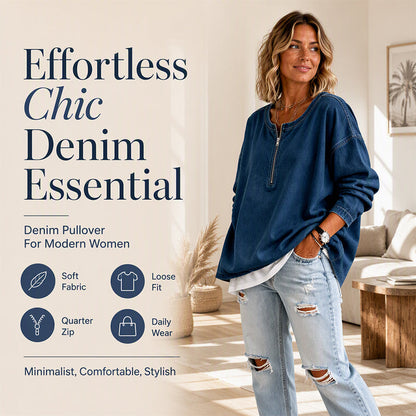 Women's Long Sleeve Half-Zip Denim Pullover