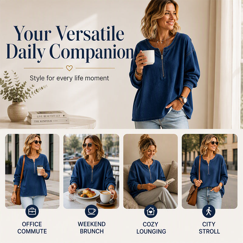 Women's Long Sleeve Half-Zip Denim Pullover