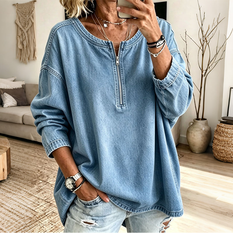 Women's Long Sleeve Half-Zip Denim Pullover