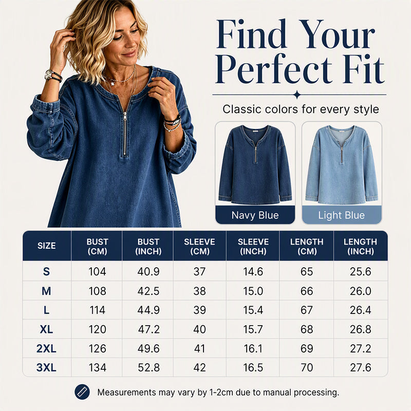 Women's Long Sleeve Half-Zip Denim Pullover